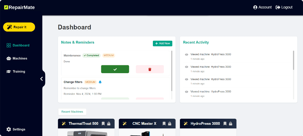 RepairMate Dashboard Interface