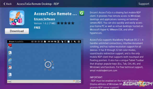 AccessToGo Remote Desktop – Free PlayBook RDP Client